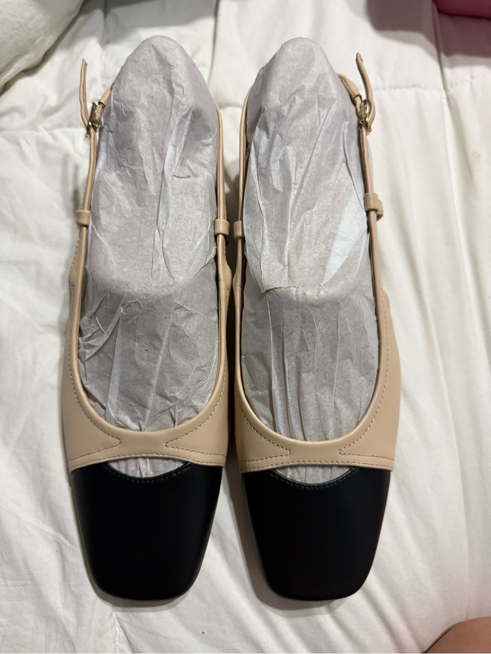 Sam Edelman Beige and Black Square-Toe Slingback Heels